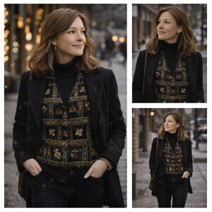 Vintage-Inspired Floral Embroidered Vest – Black & Burgundy Boho Heritage